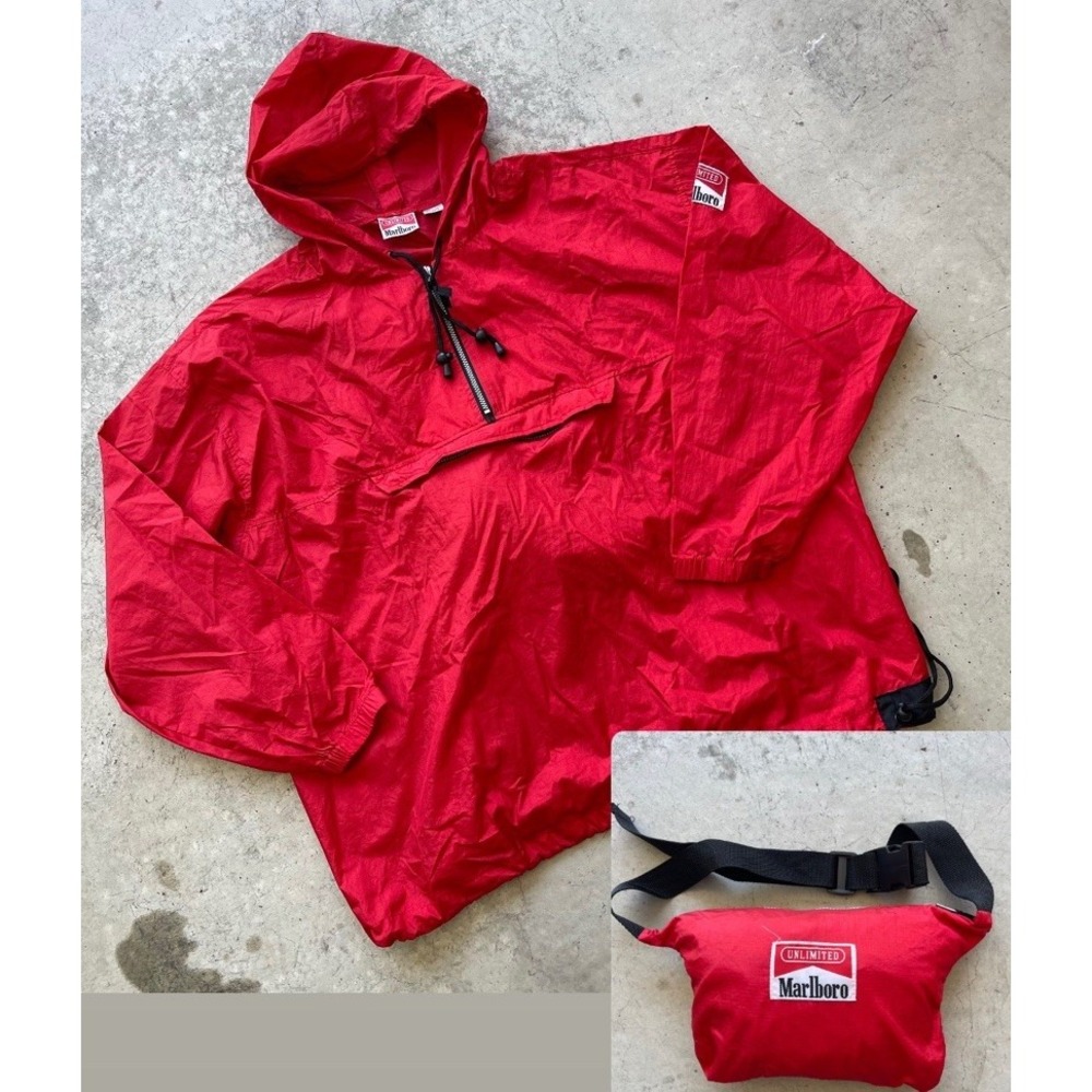 Vintage Marlboro Jacket XXL Red Anorak Windbreaker Packable Belt Fanny Pack Bag